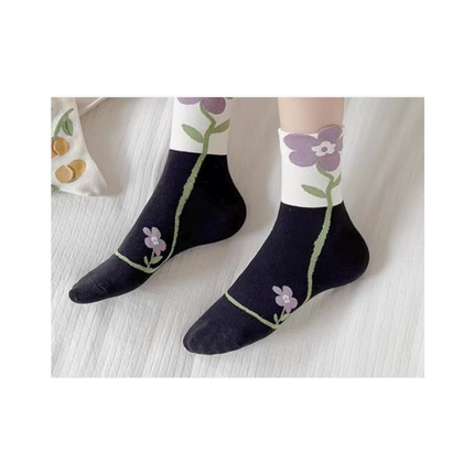 Cute Floral & Fruit Pattern Crew Socks – 5 Pairs Set