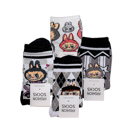 Labubu Character Ankle Socks (Monochrome Set) – 4 Pairs, One Size Fits All