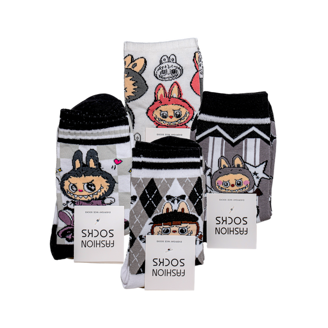 Labubu Character Ankle Socks (Monochrome Set) – 4 Pairs, One Size Fits All