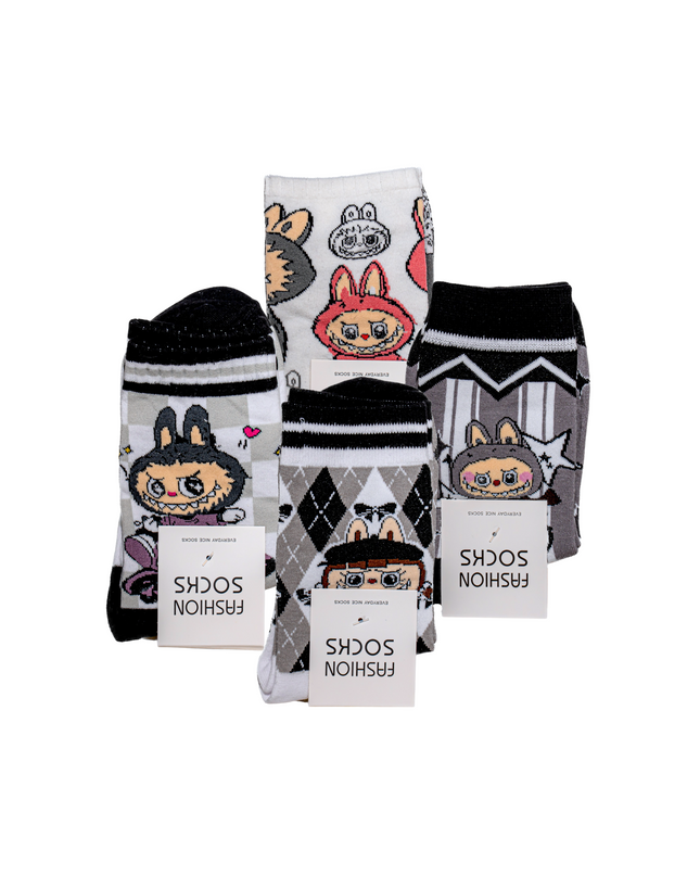 Labubu Character Ankle Socks (Monochrome Set) – 4 Pairs, One Size Fits All