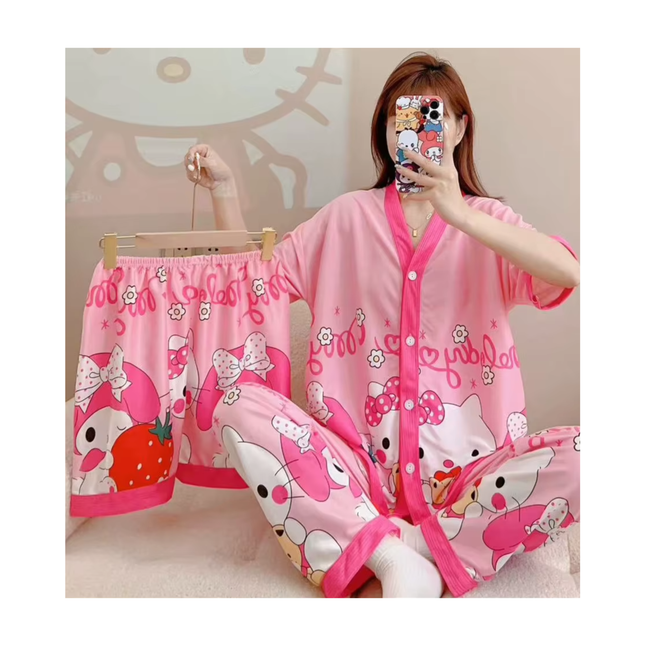 Women’s Cartoon Pajama Set – 3-Piece Sleepwear (Top, Shorts & Pants)