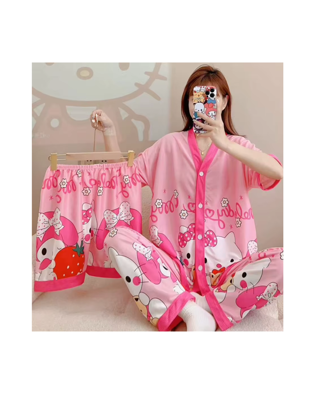 Women’s Cartoon Pajama Set – 3-Piece Sleepwear (Top, Shorts & Pants)