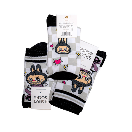 Labubu Character Ankle Socks (Monochrome Set) – 4 Pairs, One Size Fits All