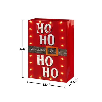 Christmas Gift Bag – Ho Ho Ho Belt Light Design, 12.4” x 4.5” x 17.5”