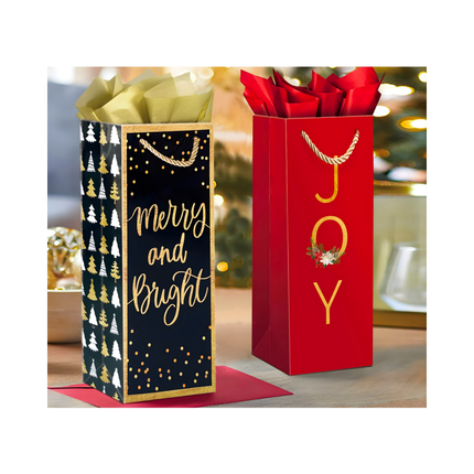 Christmas Wine Gift Bag – Merry & Bright Design, 5.25” x 3.25” x 13”