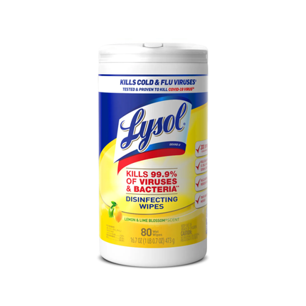 Lysol 1-Ply Disinfecting Wipes Lemon and Lime Blossom – White, 6 Canisters | 80 Wipes Each