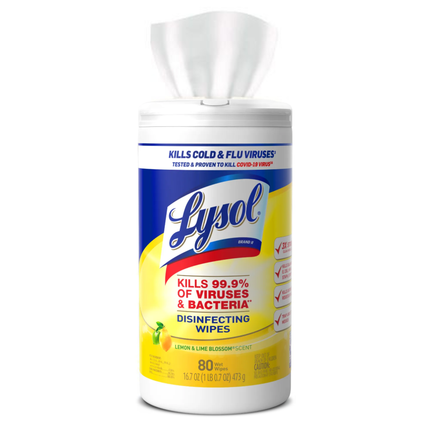 Lysol 1-Ply Disinfecting Wipes Lemon and Lime Blossom – White, 6 Canisters | 80 Wipes Each