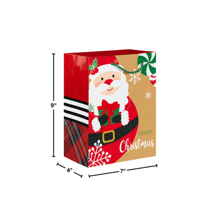 Christmas Gift Bag – Santa & Peppermint Design, 7” x 4” x 9”