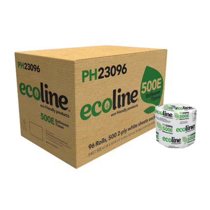 Ecoline 500E 2-Ply White Bathroom Tissue – 96 Rolls | 500 Sheets Each