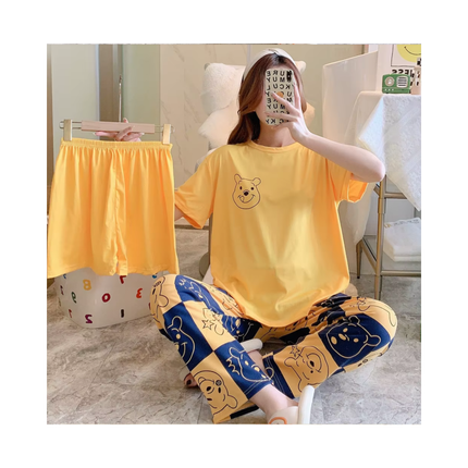 Women’s 3-Piece Pajama Set – T-Shirt + Shorts + Pants, 1 Size Fits All