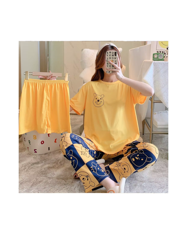 Women’s 3-Piece Pajama Set – T-Shirt + Shorts + Pants, 1 Size Fits All
