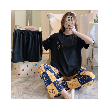 Women’s 3-Piece Pajama Set – T-Shirt + Shorts + Pants, 1 Size Fits All