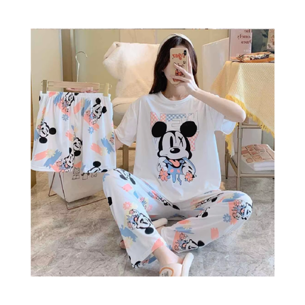 Women’s 3-Piece Pajama Set – T-Shirt + Shorts + Pants, 1 Size Fits All