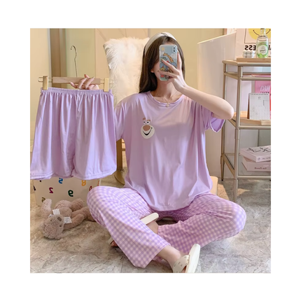 Women’s 3-Piece Pajama Set – T-Shirt + Shorts + Pants, 1 Size Fits All