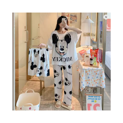 Women’s 3-Piece Pajama Set – T-Shirt + Shorts + Pants, 1 Size Fits All