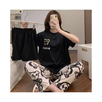 Women’s 3-Piece Pajama Set – T-Shirt + Shorts + Pants, 1 Size Fits All