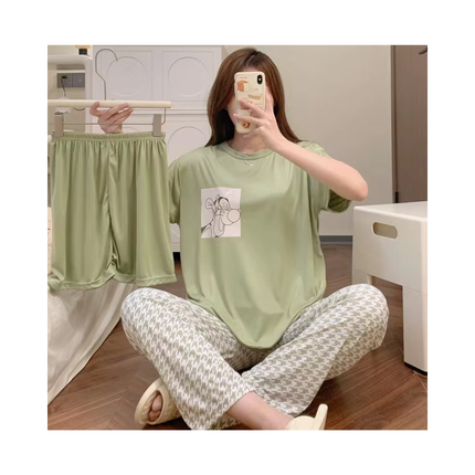 Women’s 3-Piece Pajama Set – T-Shirt + Shorts + Pants, 1 Size Fits All