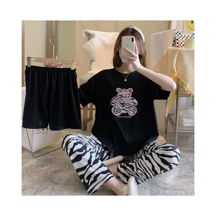 Women’s 3-Piece Pajama Set – T-Shirt + Shorts + Pants, 1 Size Fits All