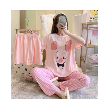 Women’s 3-Piece Pajama Set – T-Shirt + Shorts + Pants, 1 Size Fits All