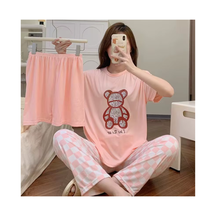 Women’s 3-Piece Pajama Set – T-Shirt + Shorts + Pants, 1 Size Fits All