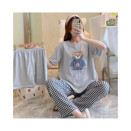 Women’s 3-Piece Pajama Set – T-Shirt + Shorts + Pants, 1 Size Fits All