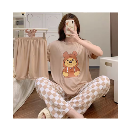 Women’s 3-Piece Pajama Set – T-Shirt + Shorts + Pants, 1 Size Fits All