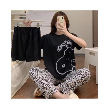 Women’s 3-Piece Pajama Set – T-Shirt + Shorts + Pants, 1 Size Fits All