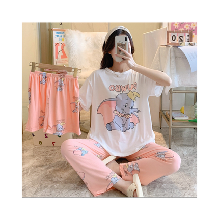 Women’s 3-Piece Pajama Set – T-Shirt + Shorts + Pants, 1 Size Fits All