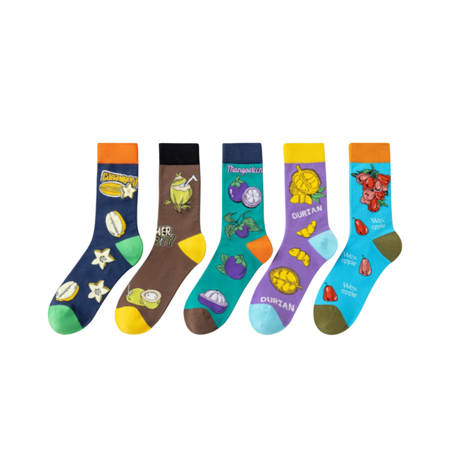 Tropical Fruit Print Crew Socks – 5 Pairs Set