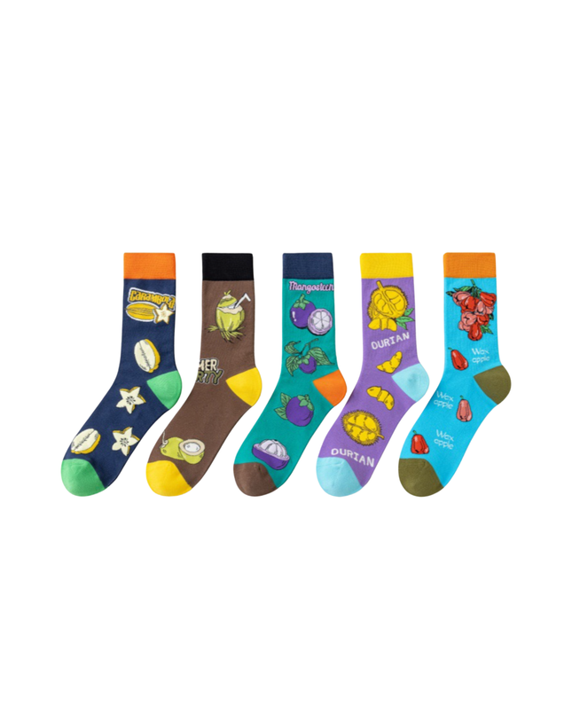 Tropical Fruit Print Crew Socks – 5 Pairs Set