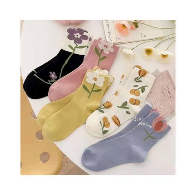 Cute Floral & Fruit Pattern Crew Socks – 5 Pairs Set