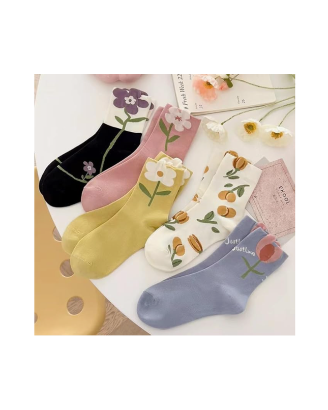 Cute Floral & Fruit Pattern Crew Socks – 5 Pairs Set