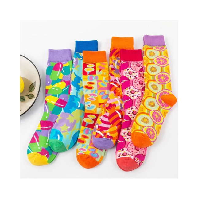 Colorful Abstract & Candy Pattern Crew Socks – 6 Pairs Set