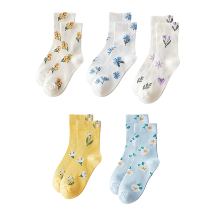 Cute Floral Pattern Crew Socks – 5 Pairs Set