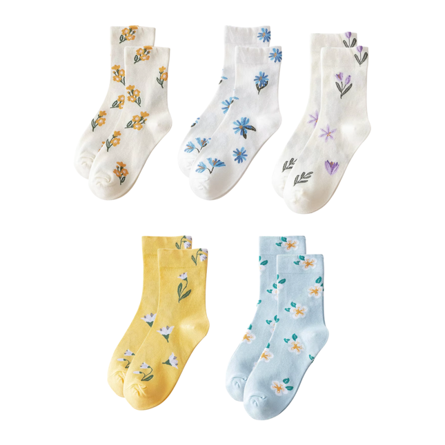 Cute Floral Pattern Crew Socks – 5 Pairs Set