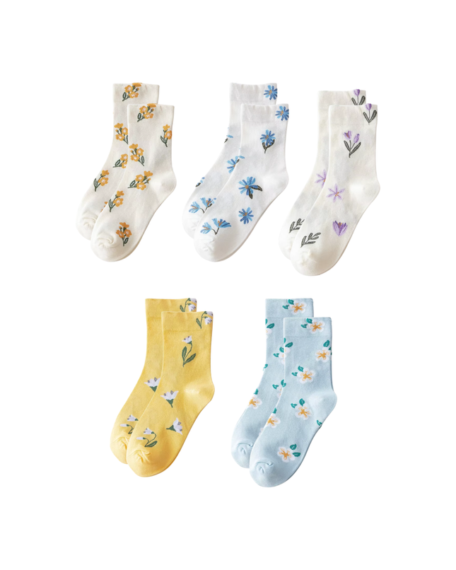 Cute Floral Pattern Crew Socks – 5 Pairs Set