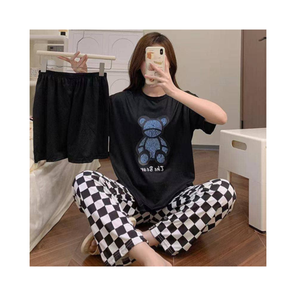 Women’s 3-Piece Pajama Set – T-Shirt + Shorts + Pants, 1 Size Fits All