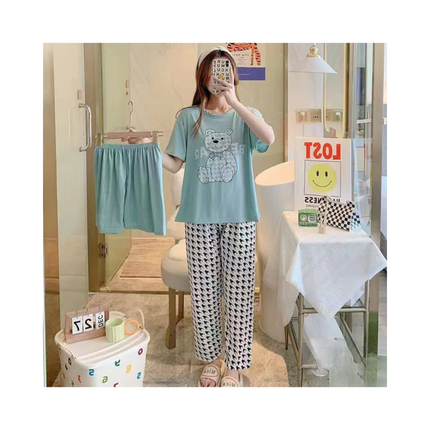 Women’s 3-Piece Pajama Set – T-Shirt + Shorts + Pants, 1 Size Fits All