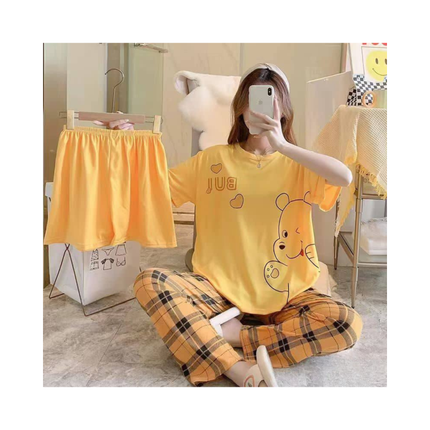 Women’s 3-Piece Pajama Set – T-Shirt + Shorts + Pants, 1 Size Fits All