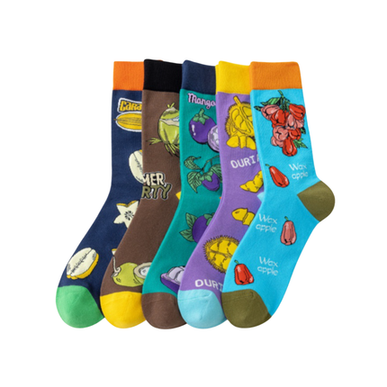Tropical Fruit Print Crew Socks – 5 Pairs Set