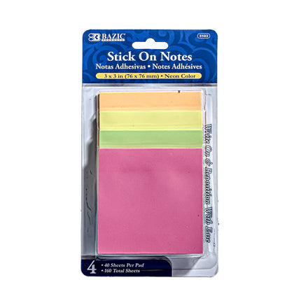 Bazic Stick On Notes – Neon Colors (3 x 3 in, 40 Sheets per Pad)