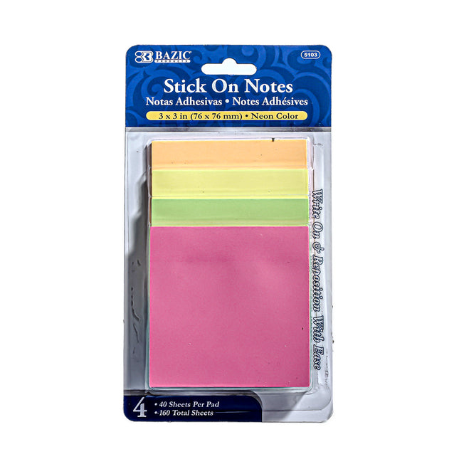 Bazic Stick On Notes – Neon Colors (3 x 3 in, 40 Sheets per Pad)