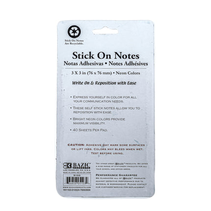 Bazic Stick On Notes – Neon Colors (3 x 3 in, 40 Sheets per Pad)