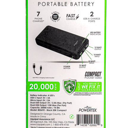 Liquipel Powertek Portable Battery – 20,000 mAh Fast Charge Power Bank