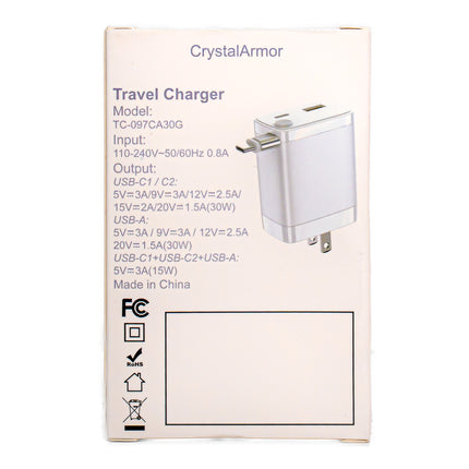 CrystalArmor Travel Charger – 30W, Dual USB-C + USB-A Output