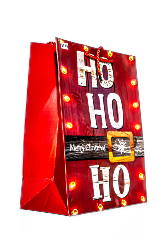 Christmas Gift Bag – Ho Ho Ho Belt Light Design, 12.4” x 4.5” x 17.5”