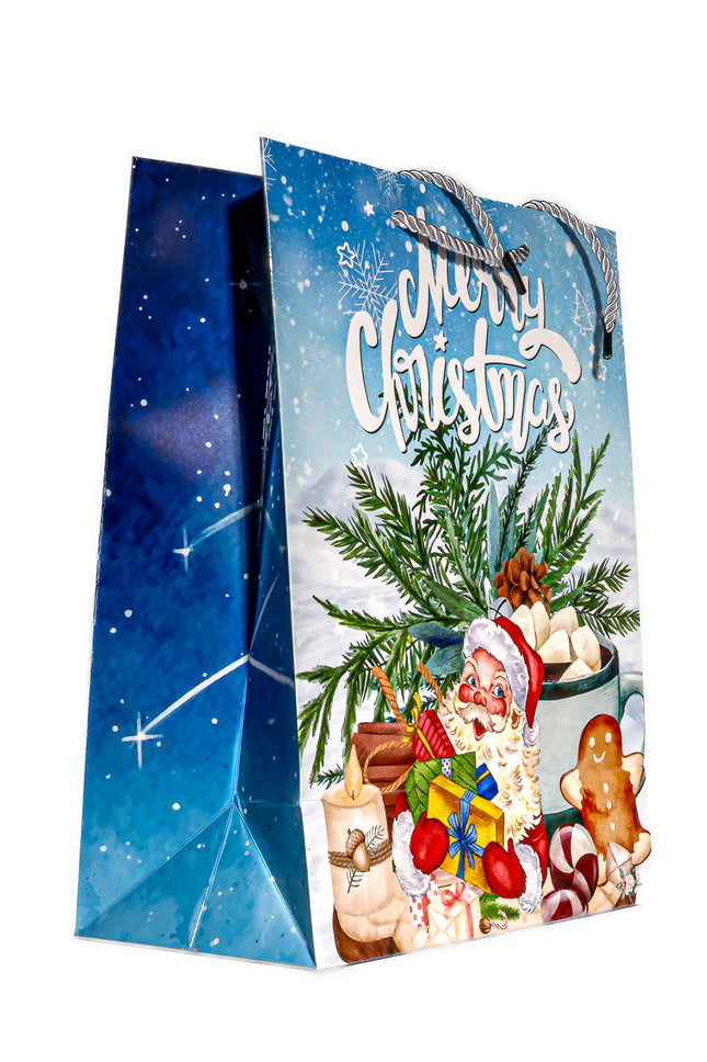 Christmas Gift Bag – Santa & Gingerbread Design, 10.5” x 5.25” x 13”