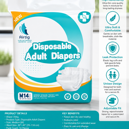 Airtig Disposable Adult Diapers – Medium (M)