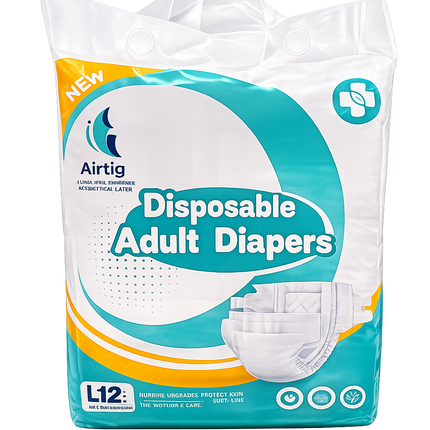 Airtig Disposable Adult Diapers Large (L) 12 Pieces | High Absorbency Incontinence Briefs