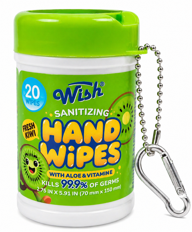 Wish Sanitizing Hand Wipes with Aloe & Vitamin E (Green) Fresh Kiwi 2.75 in x 5.91 in (70 mm x 150 mm)